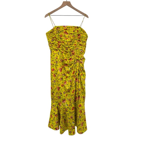 Cinq a Sept Katz Provence Dress 14 Yellow Floral Ruched Satin Midi Formal - Picture 7 of 16